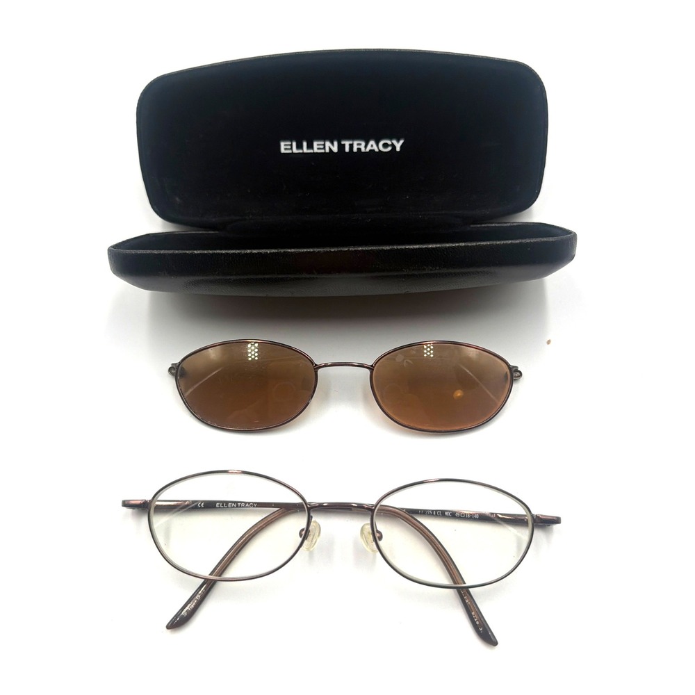 Ellen Tracy Eyeglasses Womens Mocha Metal Oval Frames Magnetic Clip On Sunglass
